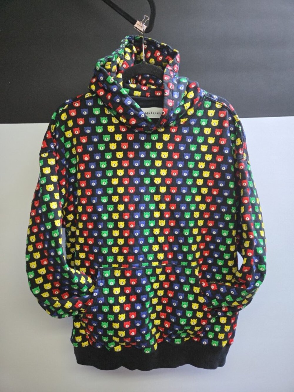 Teddy Fresh Ted All Over Rainbow & Black Hoodie Size Large Unisex No Drawstring